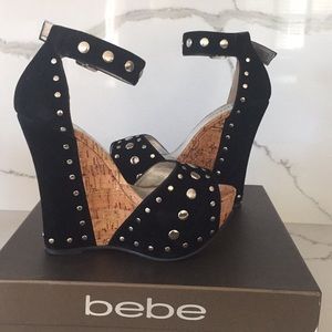 Bebe Stud Cork Wedge Black/Silver Shoes